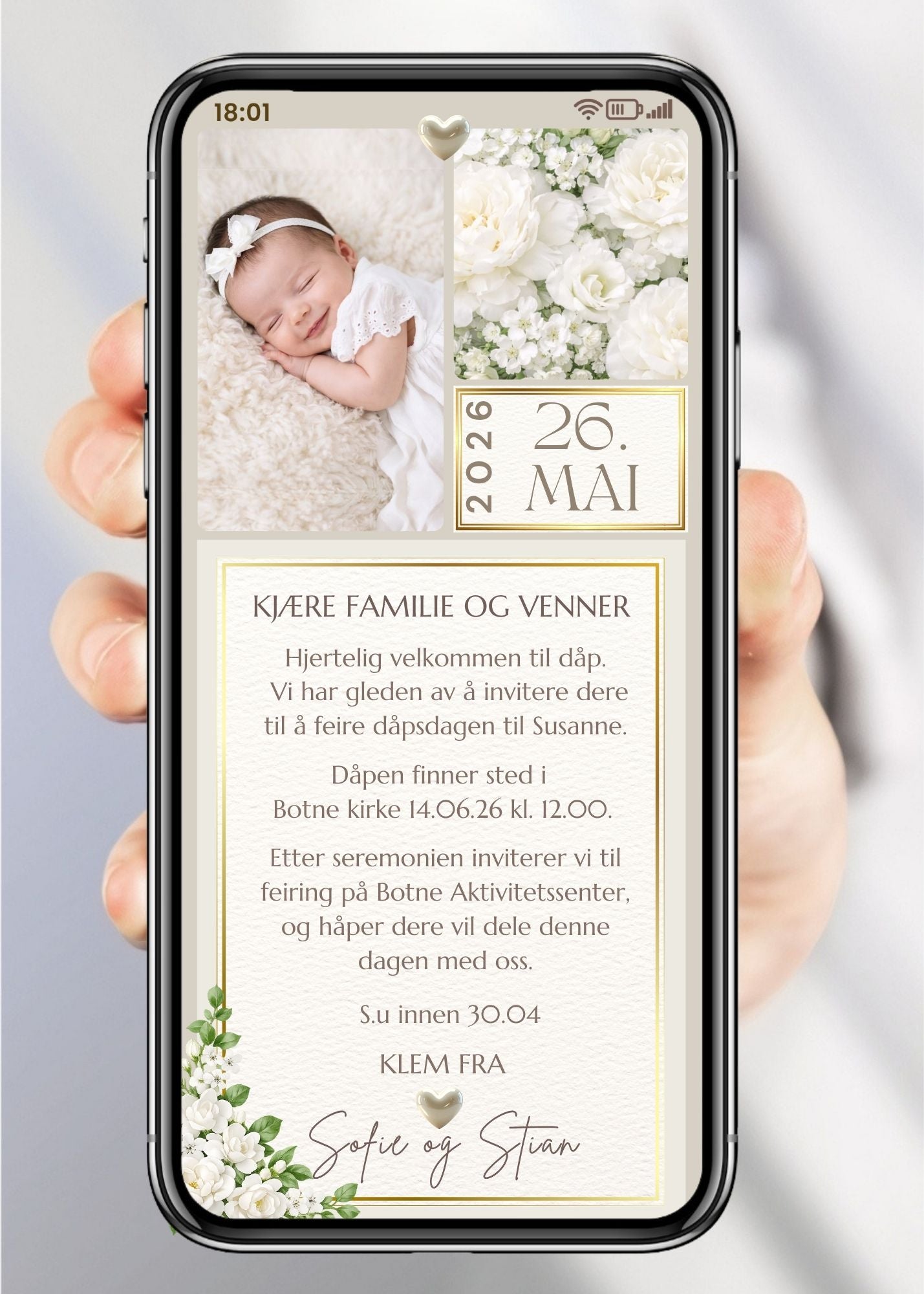 Populær SMS-invitasjon til dåp med hvite roser, gullhjerte og bilde av smilende baby – vist på mobilskjerm