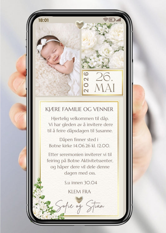 Populær SMS-invitasjon til dåp med hvite roser, gullhjerte og bilde av smilende baby – vist på mobilskjerm