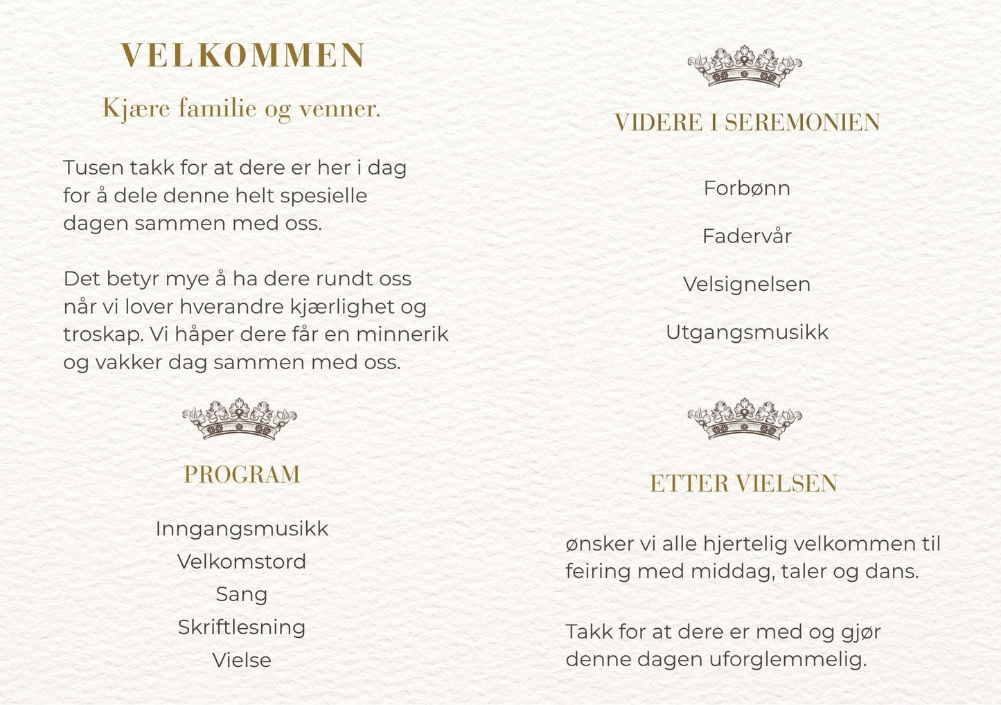 Bryllupsprogram Golden Crown – innside med velkomsttekst og seremoniprogram dekorert med gullkroner på ren kremfarget bakgrunn