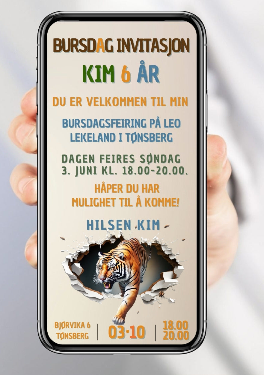 Tiger bursdagsinvitasjon – vilt dyretema for barn