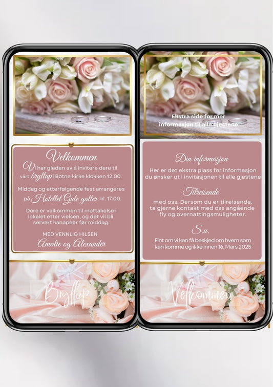 Bryllupsinvitasjon 2 sider elegant rosa design