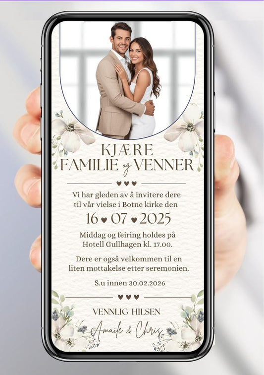 Bryllupsinvitasjon hvit elegant - personlig design med ferdig tekstforslag - KISS DEKOR