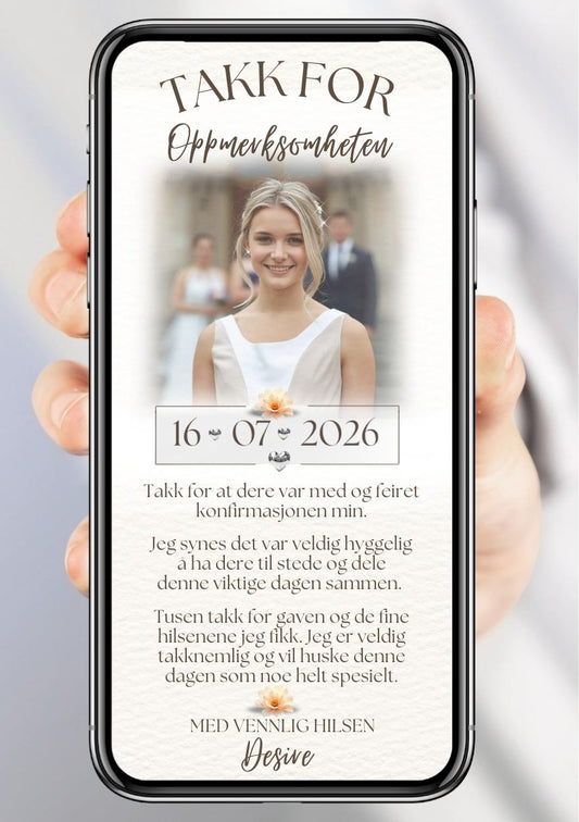 Takkekort konfirmasjon hvit med blomster - personlig design med ferdig tekstforslag - KISS DEKOR