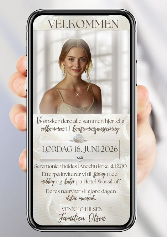 Konfirmasjonsinvitasjon beige rose med bilde - personlig design med ferdig tekstforslag - KISS DEKOR