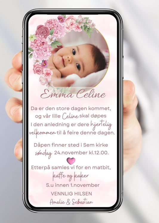 Invitasjon for navnefest og dåp – stilren design til mobil