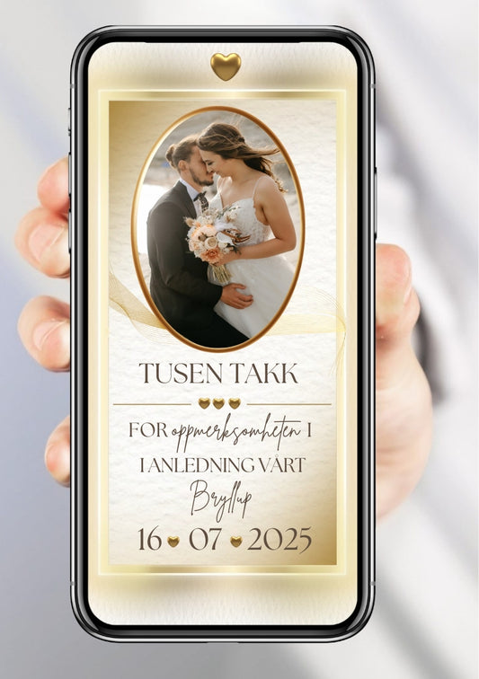 Takkekort bryllup gull moderne - personlig design med ferdig tekstforslag - KISS DEKO