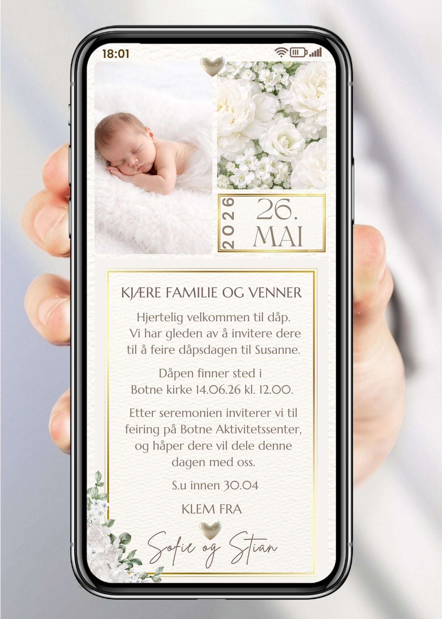 Digital dåpsinvitasjon med hvite blomster, dato og personlig bilde av baby – elegant SMS-design klar til deling 