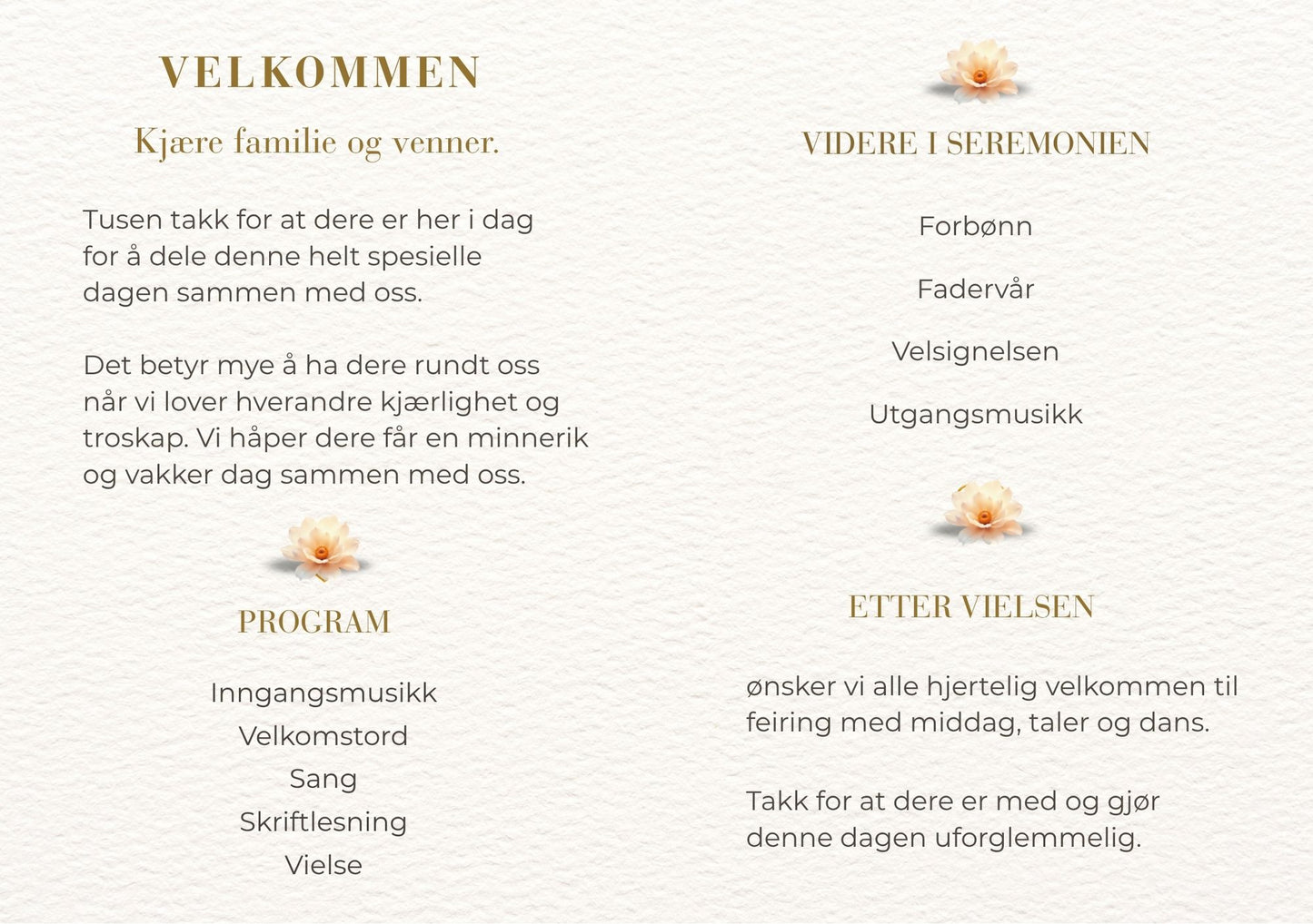 Bryllupsprogram Golden Hearts – innside med velkomsttekst og seremoniprogram dekorert med ferskenfargede blomster og gullskrift på kremfarget bakgrunn