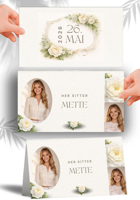 Digitalt bordkort med bilde til konfirmasjon fra KISS DEKOR – hvit rose-design med oval bilderamme og teksten "Her sitter Mette", vist flat