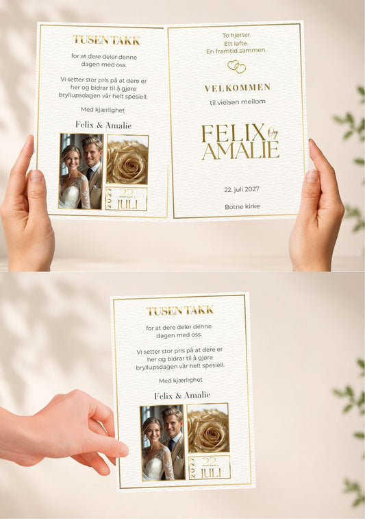 mockup med to hender som holder programmet): Bryllupsprogram Golden Rose – åpen bifold med takkekort og invitasjonsside med gulldetaljer og rosebilde