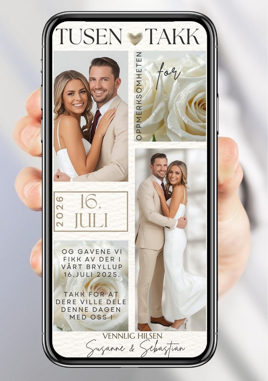 Takkekort bryllup hvit elegant - personlig design med ferdig tekstforslag