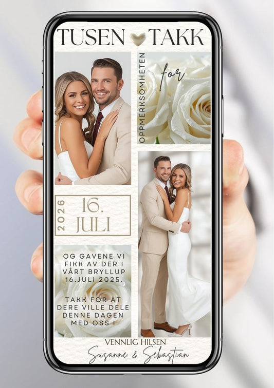 Takkekort bryllup hvit elegant - personlig design med ferdig tekstforslag