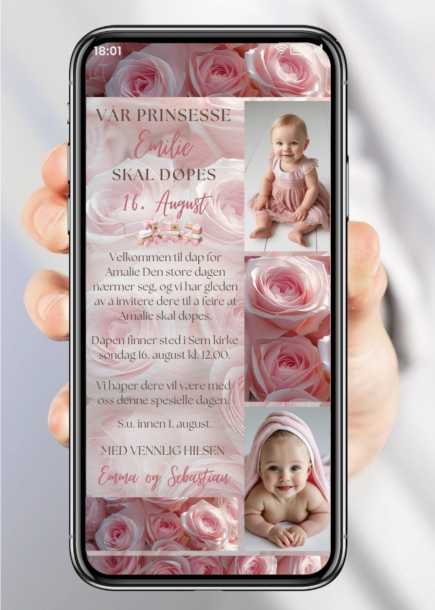 Dåpsinvitasjon rosa med bilde collage - personlig design med ferdig tekstforslag - KISS DEKOR