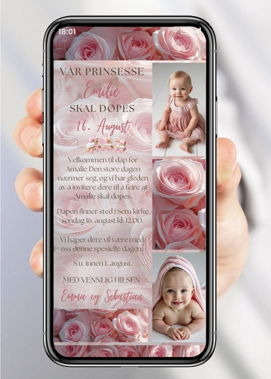 Dåpsinvitasjon rosa med bilde collage - personlig design med ferdig tekstforslag - KISS DEKOR