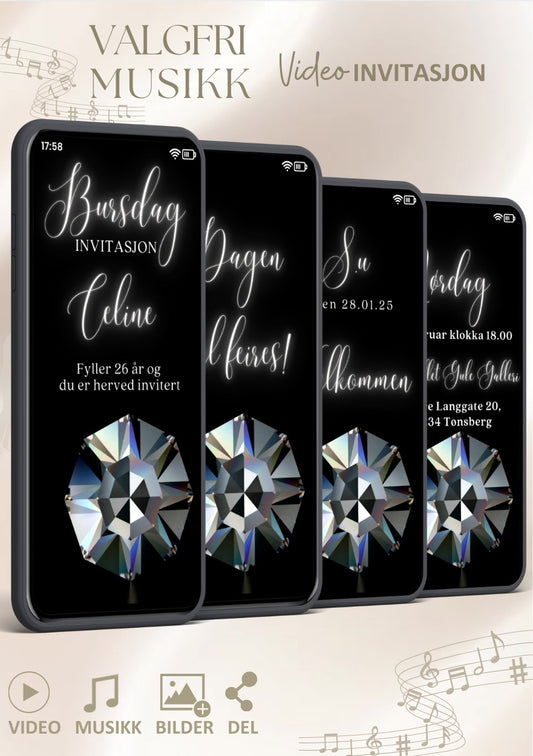 Bursdagsvideo invitasjon moderne diamant med musikk - personlig design med ferdig tekstforslag - KISS DEKOR