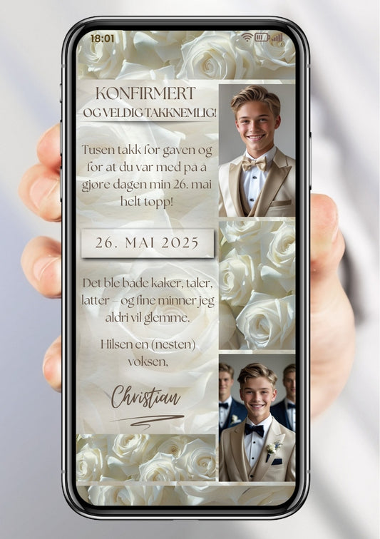 Takkekort konfirmasjon collage med blomster - personlig design med ferdig tekstforslag - KISS DEKOR