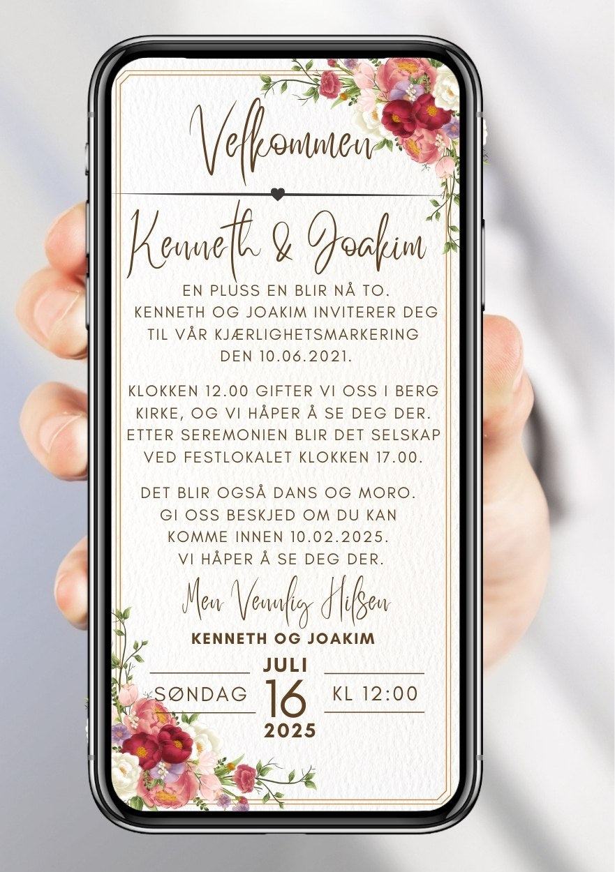 Bryllupsinvitasjon rode blomster klassisk - personlig design med ferdig tekstforslag - KISS DEKOR