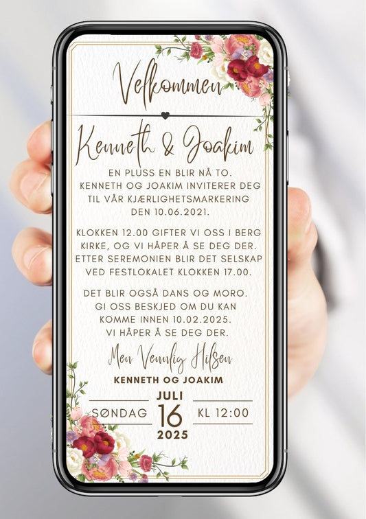 Bryllupsinvitasjon rode blomster klassisk - personlig design med ferdig tekstforslag - KISS DEKOR