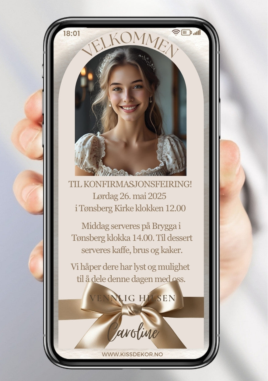 Konfirmasjonsinvitasjon beige collage med sløyfe personlig design med ferdig tekstforslag - KISS DEKOR