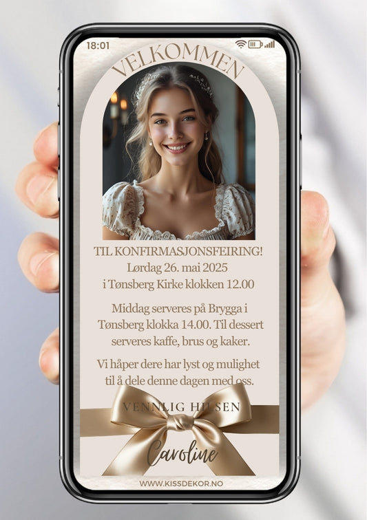 Konfirmasjonsinvitasjon beige collage med sløyfe personlig design med ferdig tekstforslag - KISS DEKOR