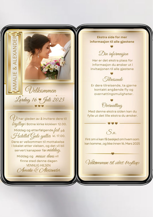 Bryllupsinvitasjon 2 sider moderne gulldesign