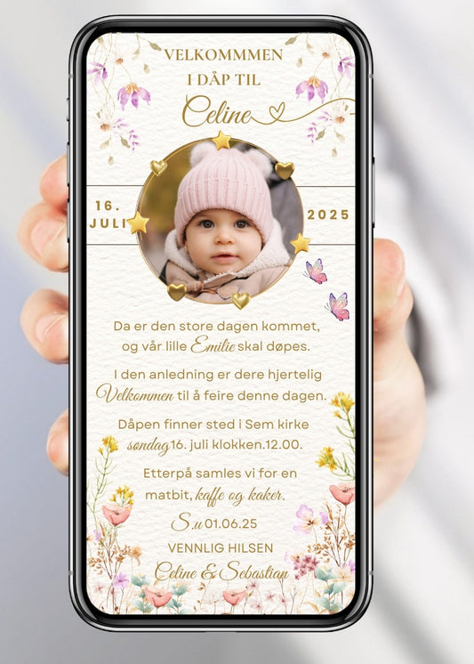 Dåpsinvitasjon hvit med bilde og blomster - personlig design med ferdig tekstforslag - KISS DEKO