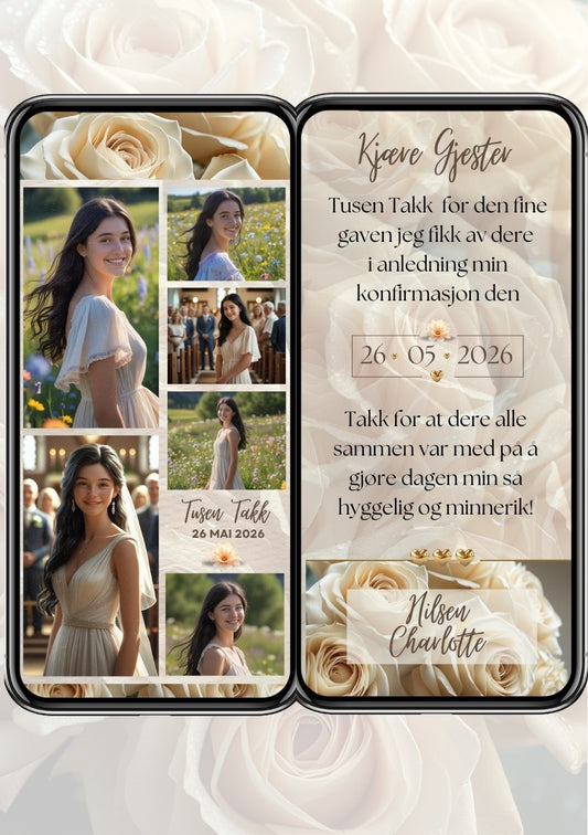 Takkekort konfirmasjon 2 sider beige med bilder - personlig design med ferdig tekstforslag - KISS DEKO