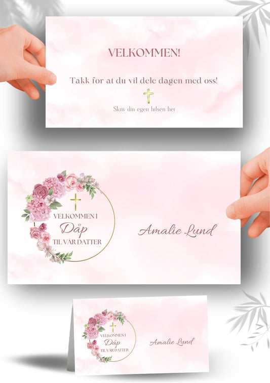 Bordkort til navnefest med rosa vakker design – personlig og minneverdig