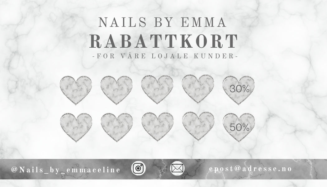 Utskrivbare rabattkort med tilpasset design og tekst