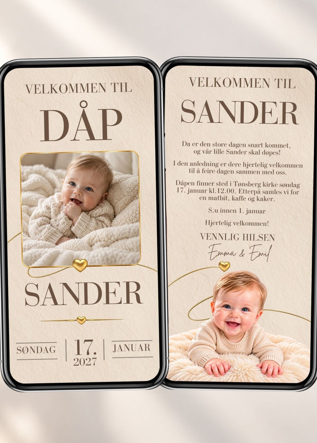 Tosidig dåpsinvitasjon vist på to mobiler, med innrammet babybilde på forsiden, tekst og babybilde på side to samt gylne hjerter på kremfarget bakgrunn.