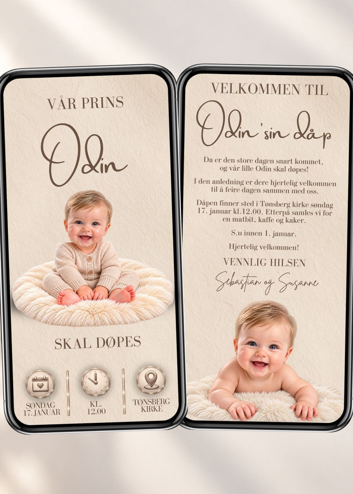 Tosidig dåpsinvitasjon vist på to mobiler, med babybilder på begge sider, håndskrevet navnefelt og ikoner for dato, klokkeslett og sted på beige bakgrunn.