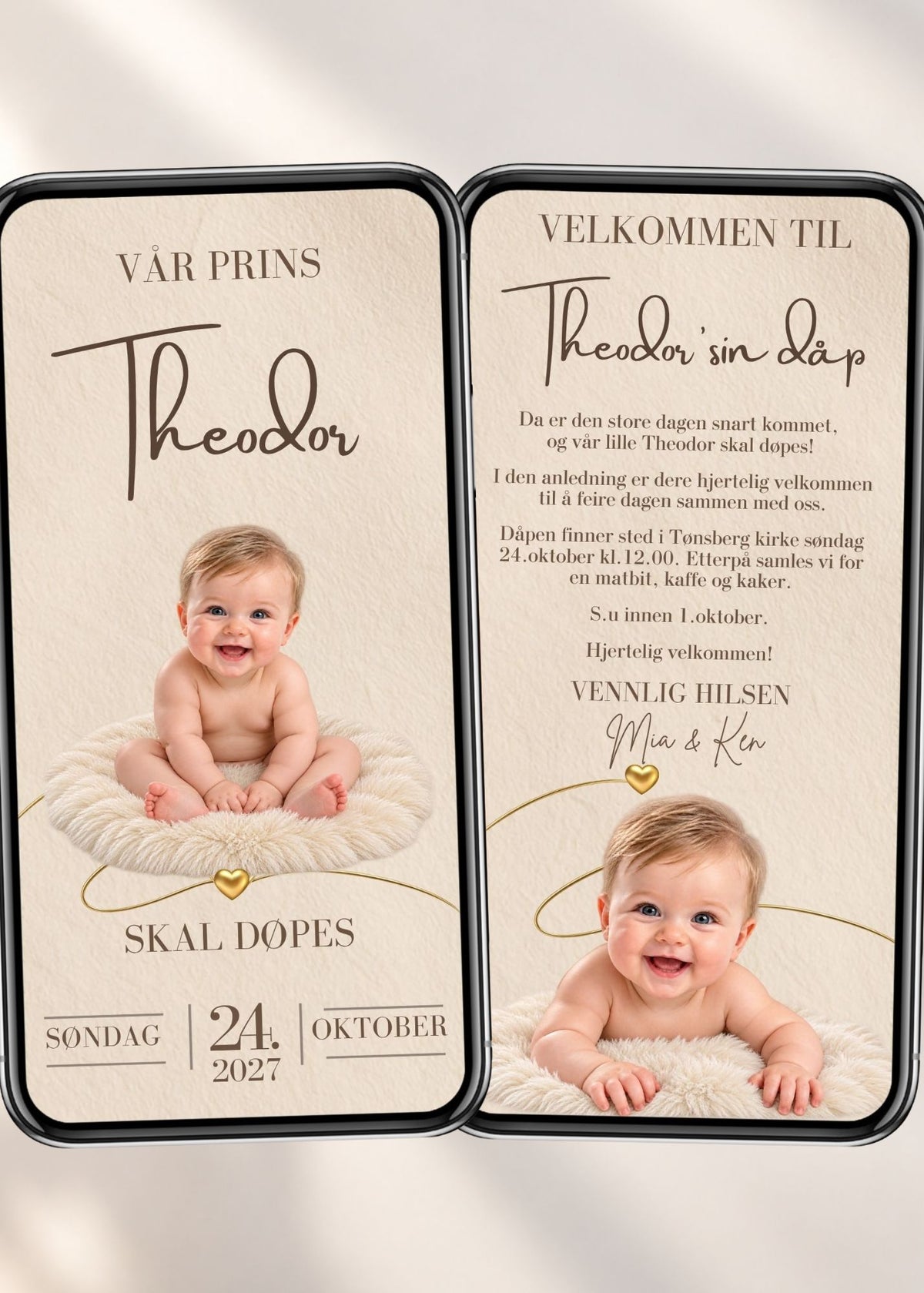 Tosidig dåpsinvitasjon vist på to mobiler, med babybilder på begge sider, håndskrevet navnefelt og gylne linjer med små hjerter på beige bakgrunn.