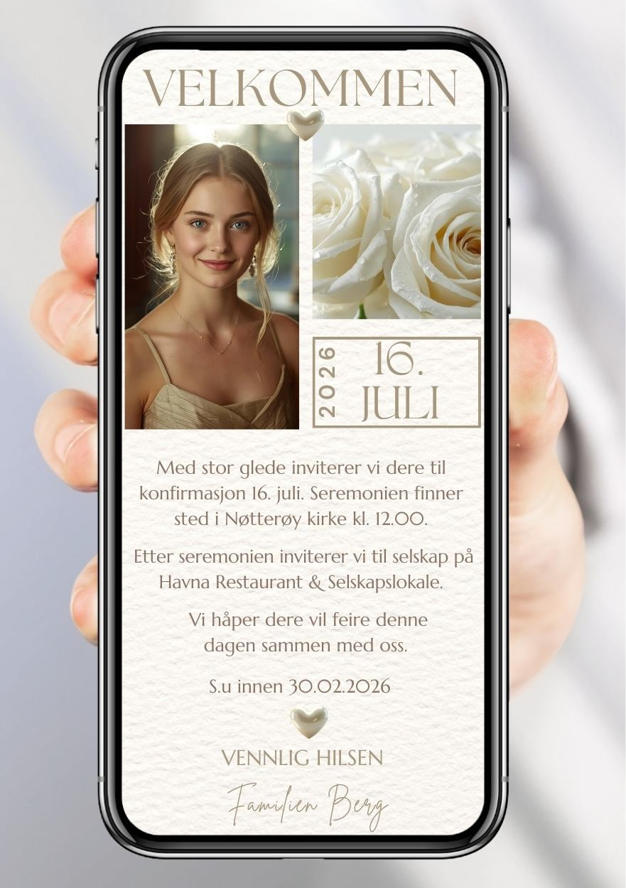 Konfirmasjonsinvitasjon hvit med bilde og rose - personlig design med ferdig tekstforslag - KISS DEKOR