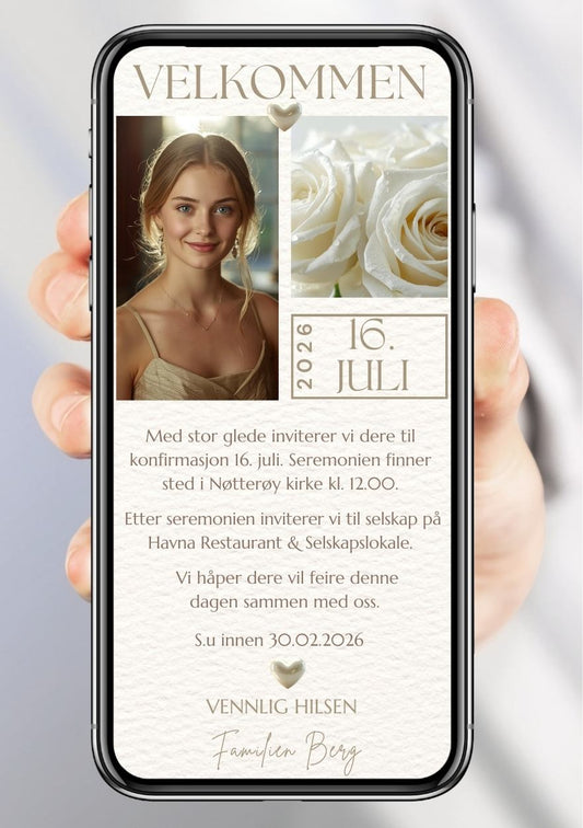 Konfirmasjonsinvitasjon hvit med bilde og rose - personlig design med ferdig tekstforslag - KISS DEKOR