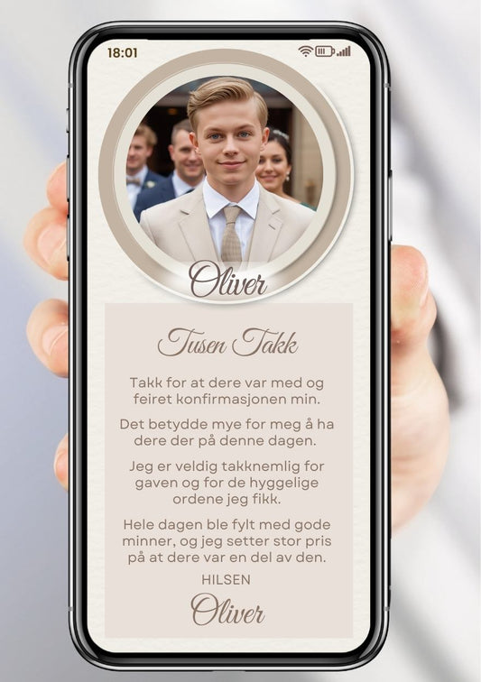 Takkekort konfirmasjon blå med bilde - personlig design med ferdig tekstforslag - KISS DEKOR