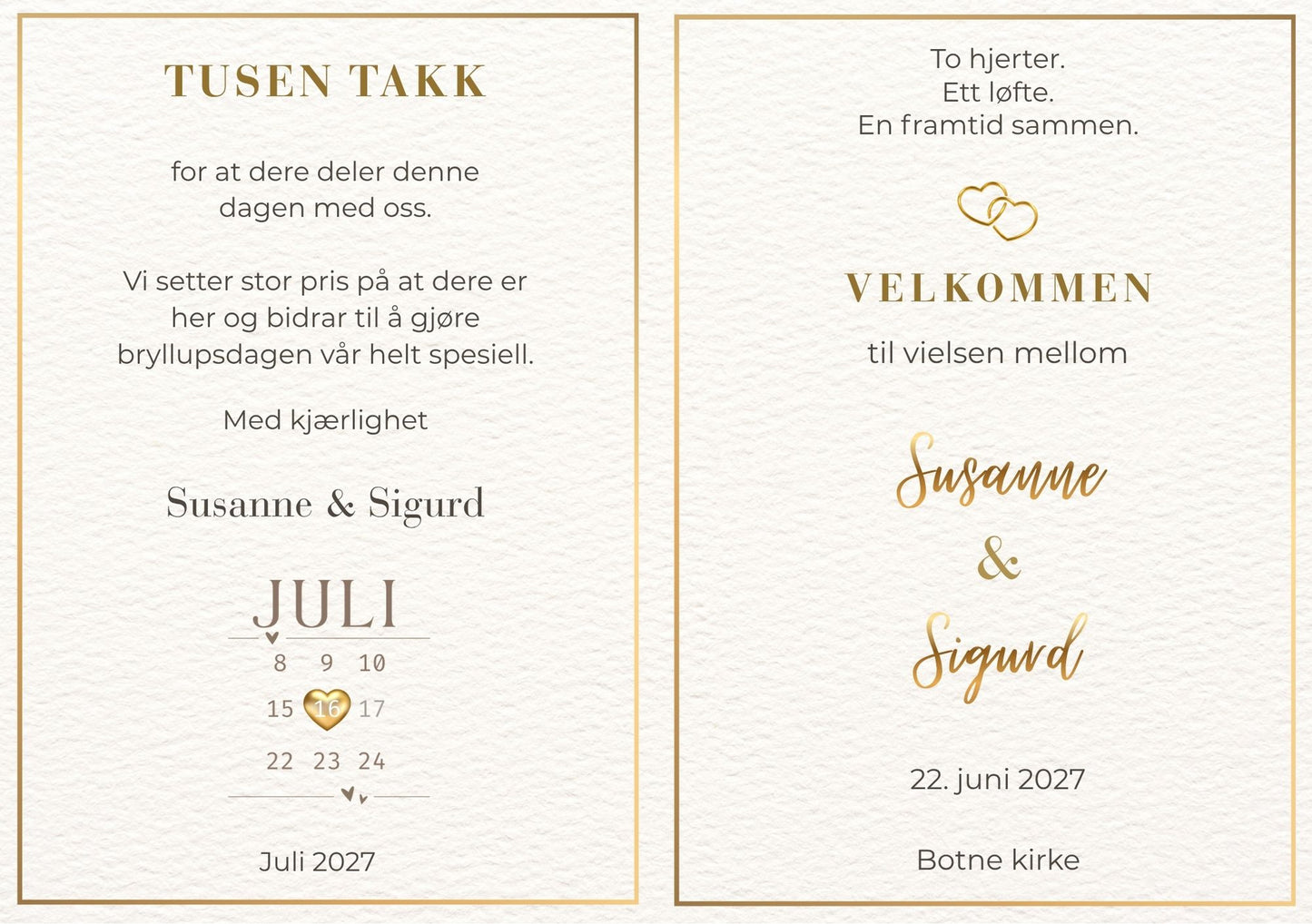 Bryllupsprogram Golden Calendar – forside med navn i gullskrift, gullhjerte, sitattekst og unik kalendervisning som markerer bryllupsdatoen