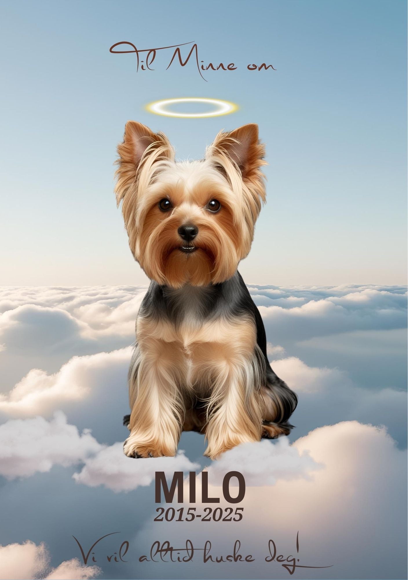 Minneportrett av kjæledyr - Milo sittende i skyene med navn og årstall fra KISS DEKOR
