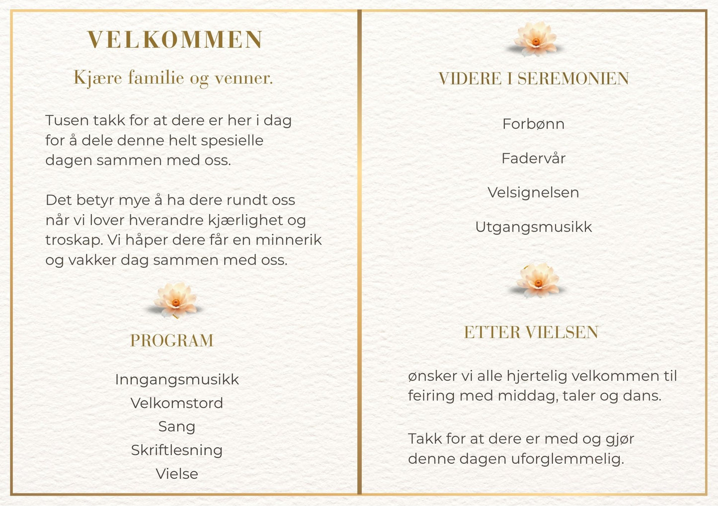 Bryllupsprogram Golden Calendar – innside med velkomsttekst og seremoniprogram dekorert med ferskenfargede blomster og gullskrift på kremfarget bakgrunn