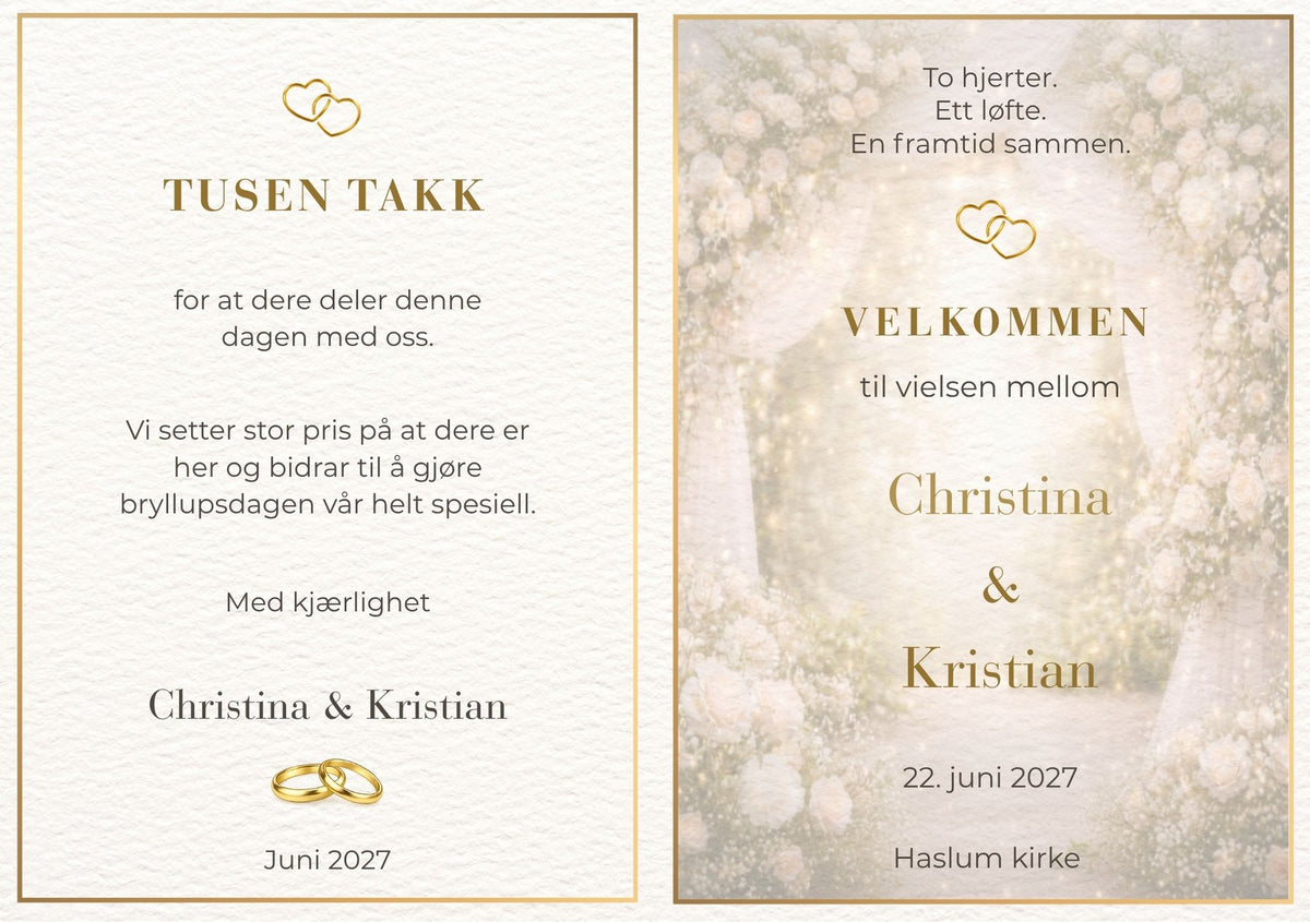 Bryllupsprogram Enchanted Garden – forside med navn i gullskrift, sammenflettet gullhjerte og drømmende uskarpet blomsterhav i hvitt og sølv