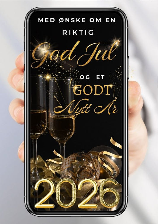 Julekort med svart bakgrunn og gulldetaljer