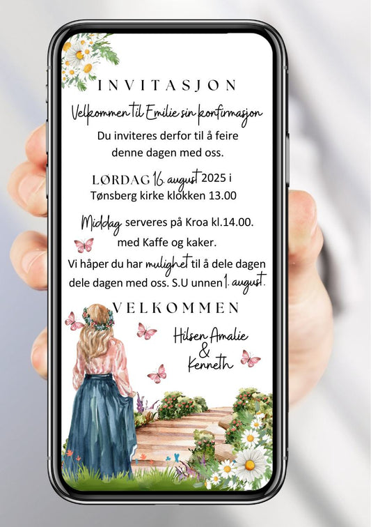 Konfirmasjonsinvitasjon hvit med bunad jente personlig design med ferdig tekstforslag - KISS DEKOR