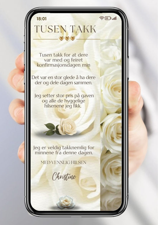 Takkekort konfirmasjon hvit med blomster - personlig design med ferdig tekstforslag - KISS DEKOR