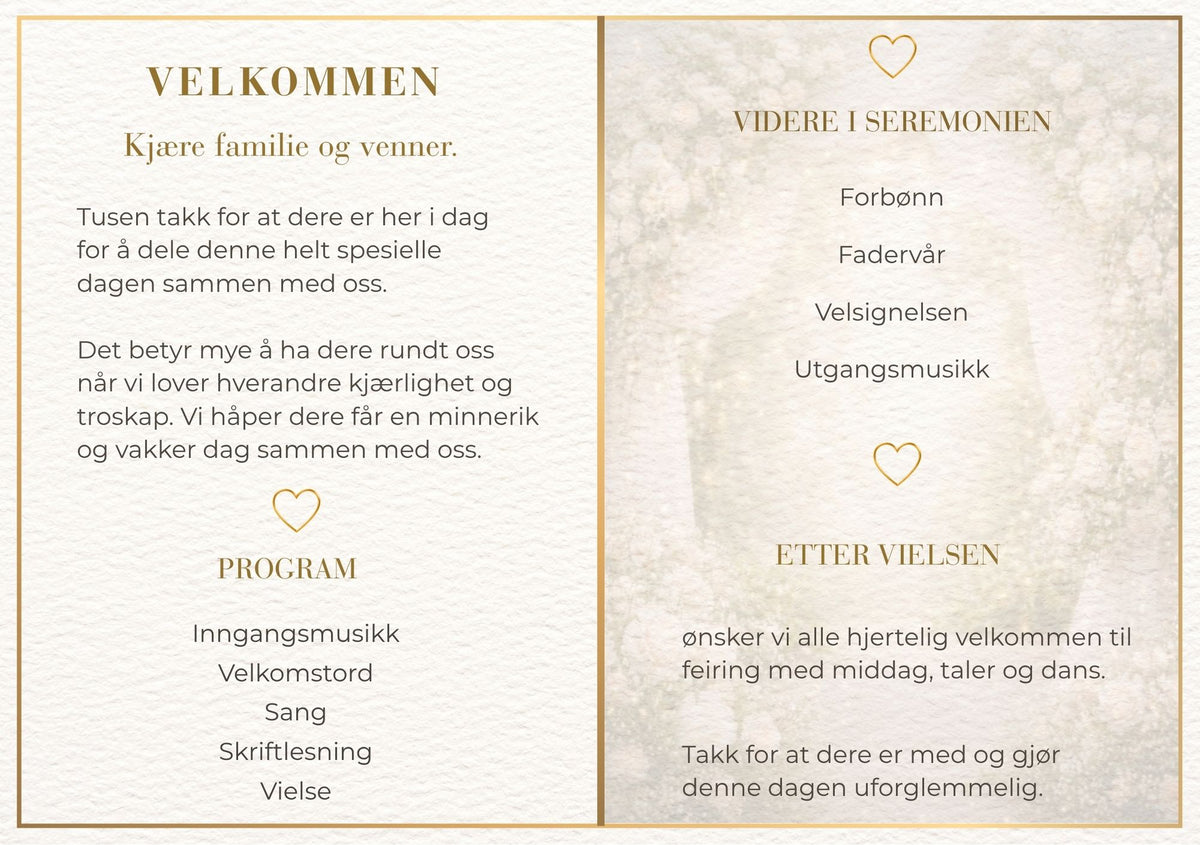 Bryllupsprogram Enchanted Garden – innside med velkomsttekst og seremoniprogram med gullhjerter som dekor mot luftig blomsterbakgrunn
