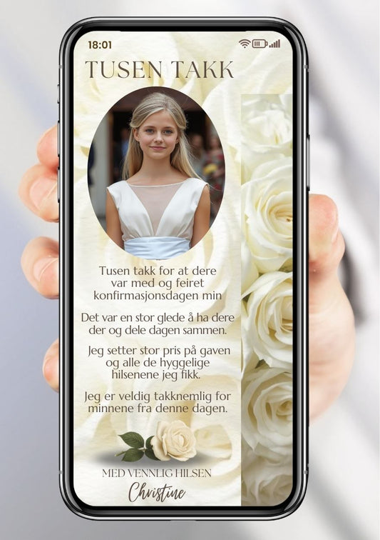Takkekort konfirmasjon kremhvit med bilde - personlig design med ferdig tekstforslag - KISS DEKOR