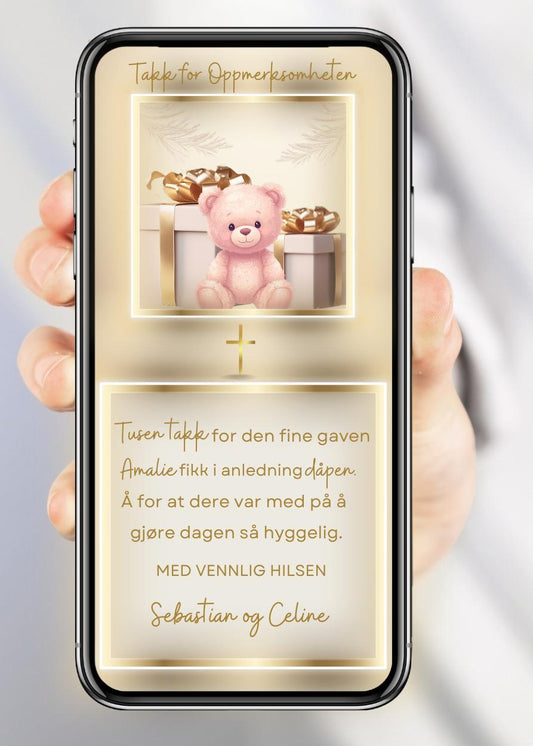 Takkekort til dåp gullramme elegant