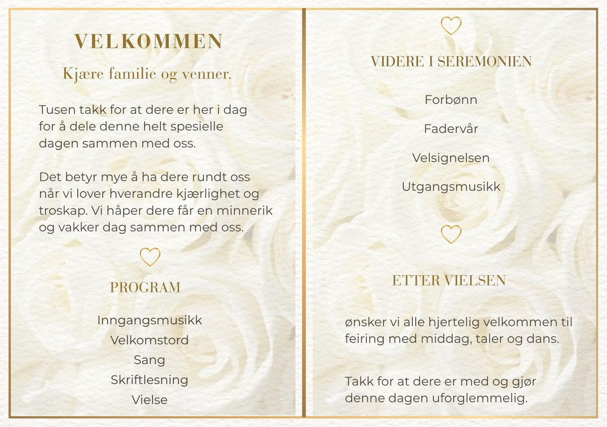 Bryllupsprogram White Roses – innside med velkomsttekst og seremoniprogram med gullhjerter som dekor mot helhvit rosetapet