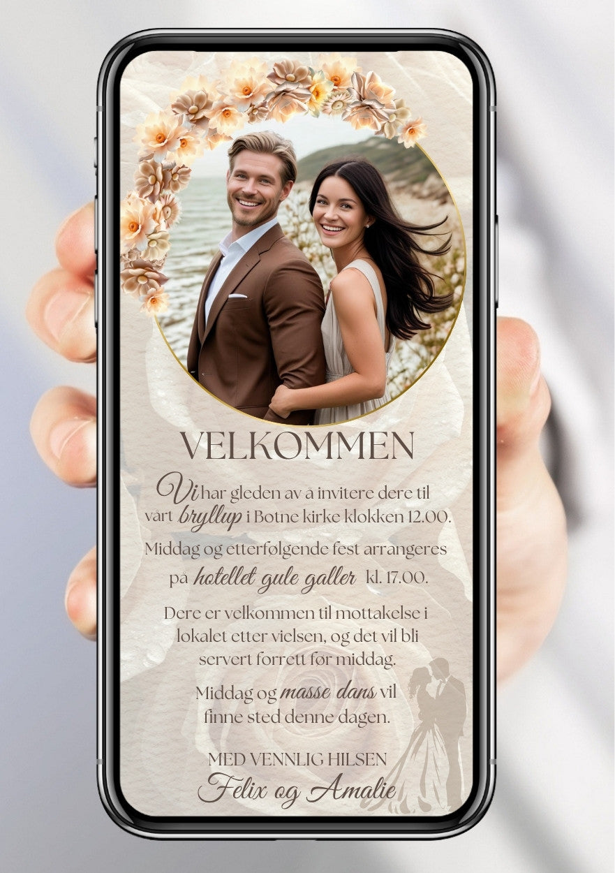 Bryllupsinvitasjon beige formell- personlig design med ferdig tekstforslag - KISS DEKOR
