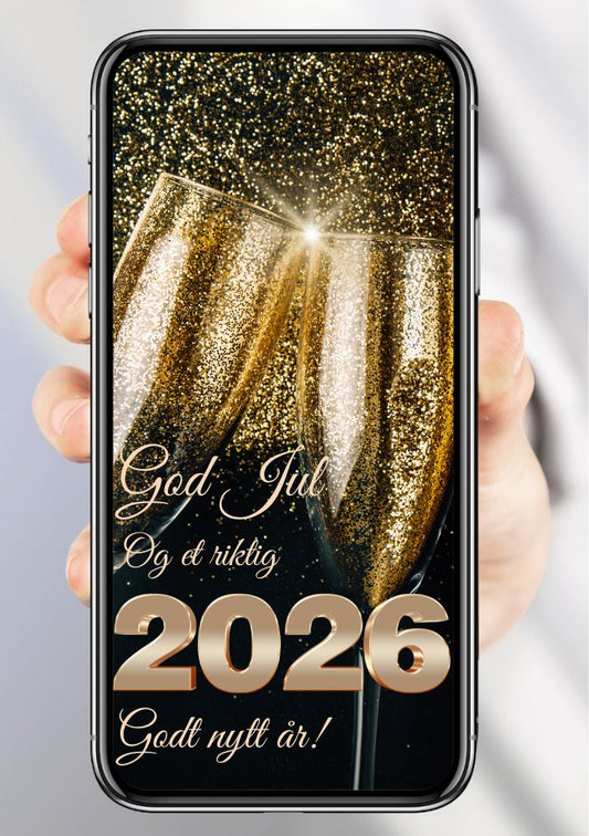 Julekort 2026 med gyllen bakgrunn og festlig design"