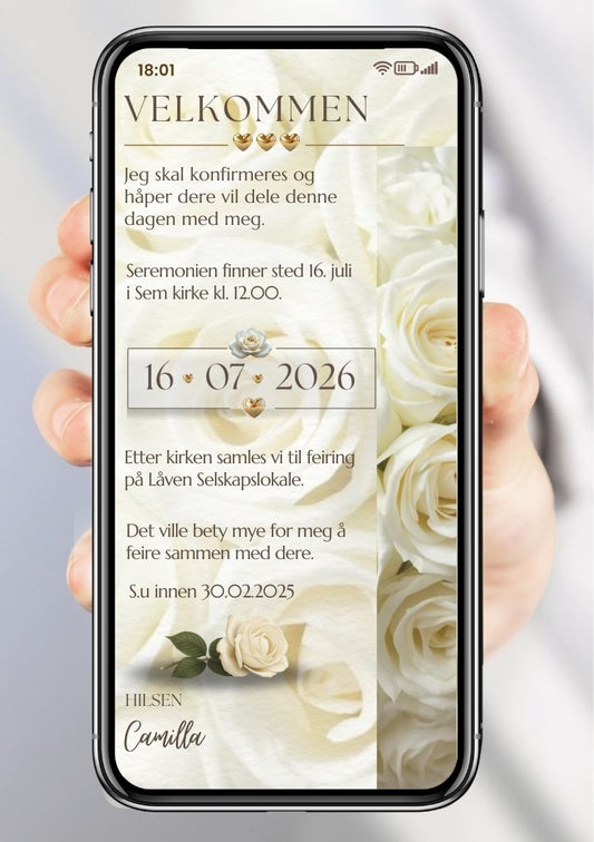 Digital konfirmasjonsinvitasjon med hvite roser, gulldetaljer og personlig tekst på mobil