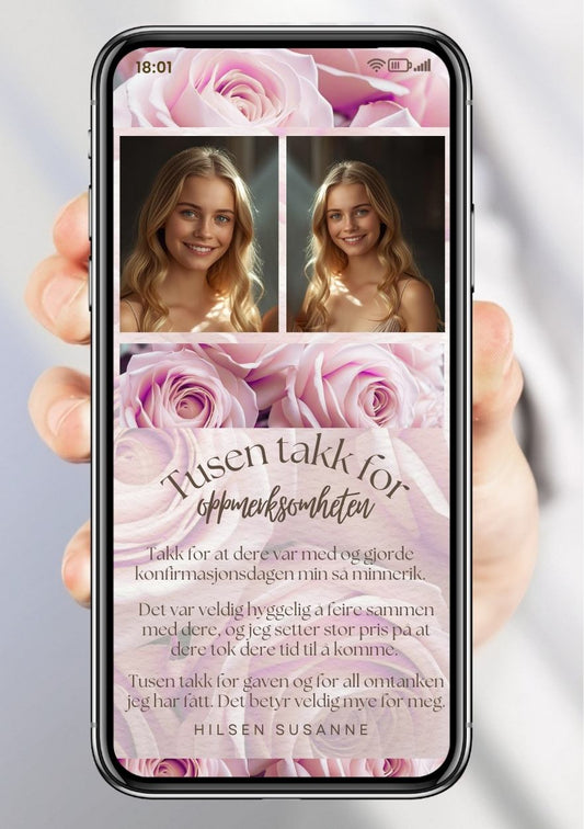 Takkekort konfirmasjon rosa med blomster - personlig design med ferdig tekstforslag - KISS DEKOR